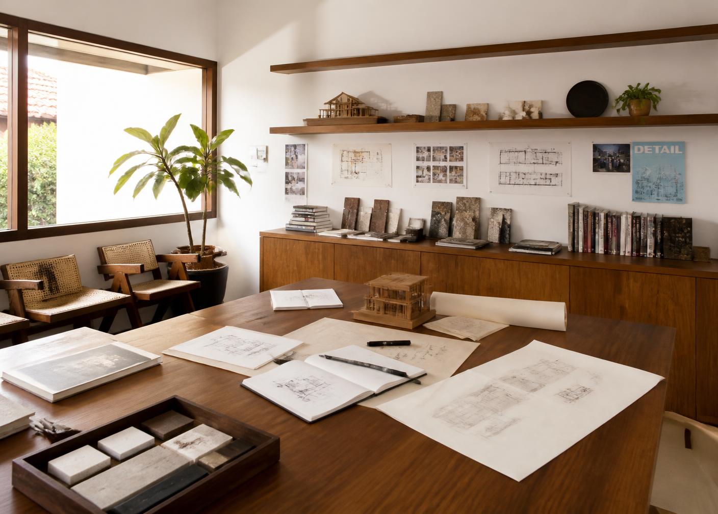 D'Casa Homes design studio with a teak table, drawings, material samples and warm daylight