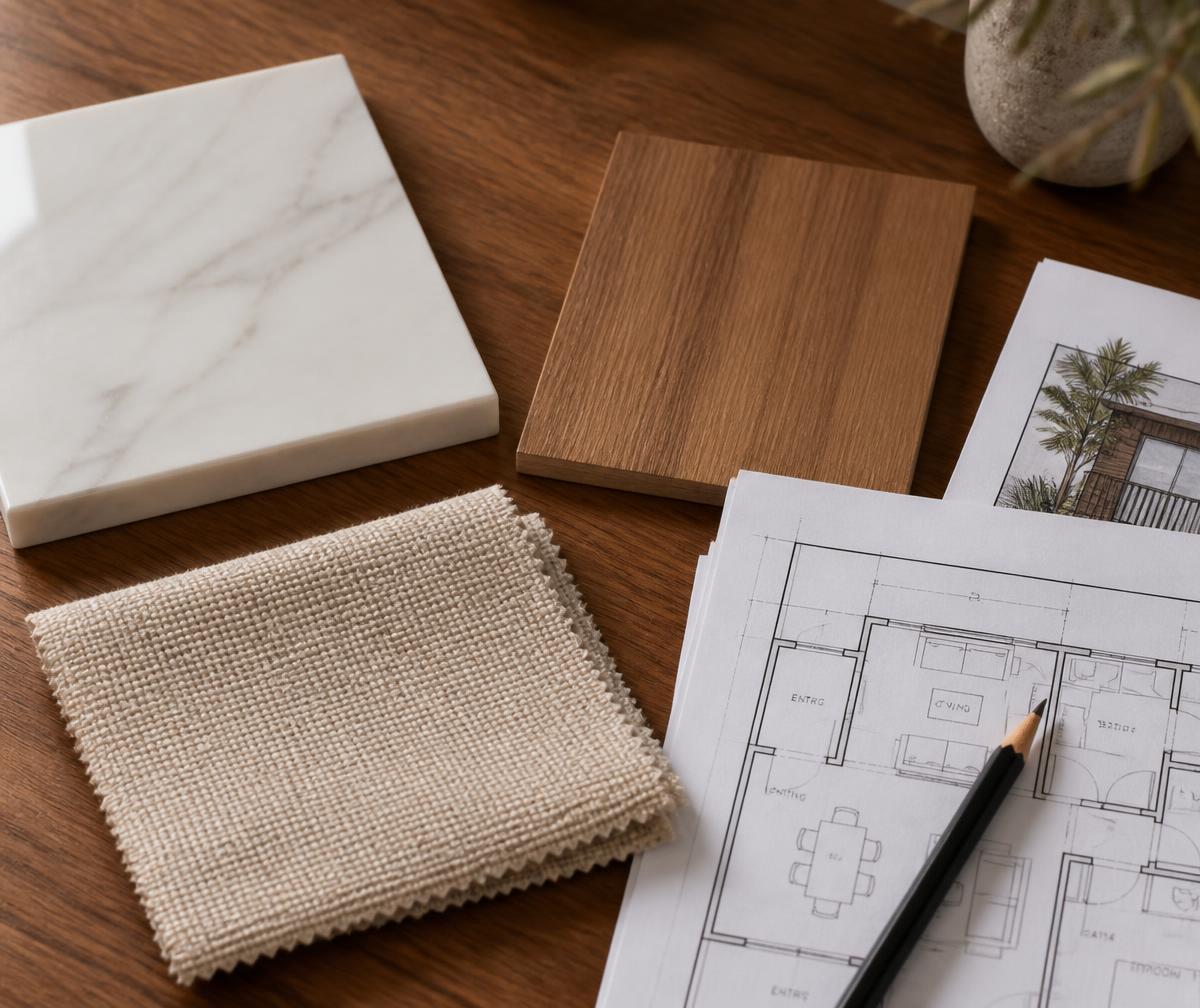 Marble, teak and linen material samples with floor plans on a warm wooden table