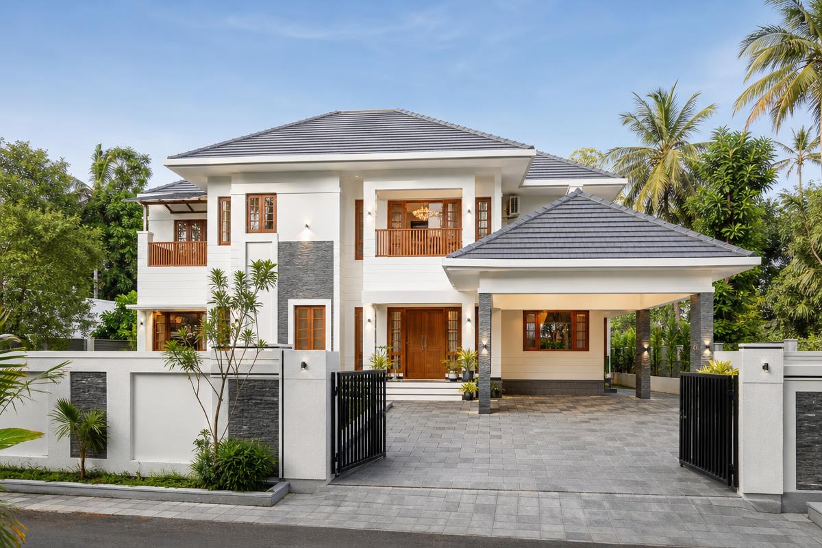 Two-storey premium white D'Casa Homes residence with grey tiled roofs, warm teak balcony and a paved courtyard entrance